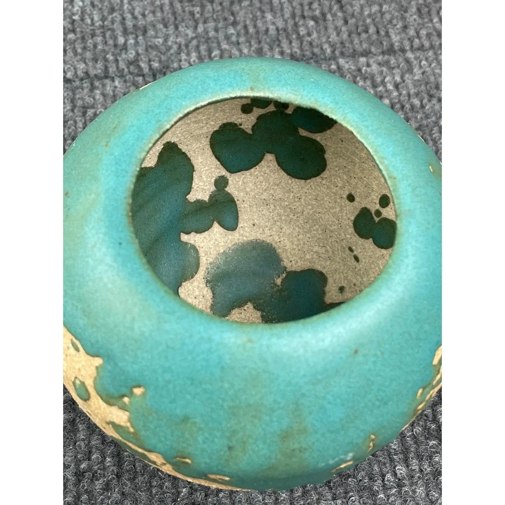 WEX H. Studio Pottery Bud Vase Teal Drip Glaze Tan Stoneware Signed Artisan 4